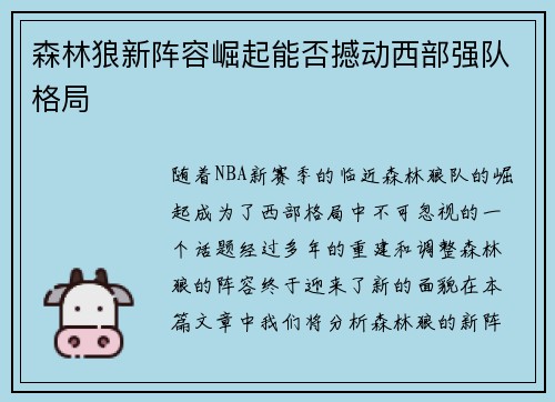 森林狼新阵容崛起能否撼动西部强队格局